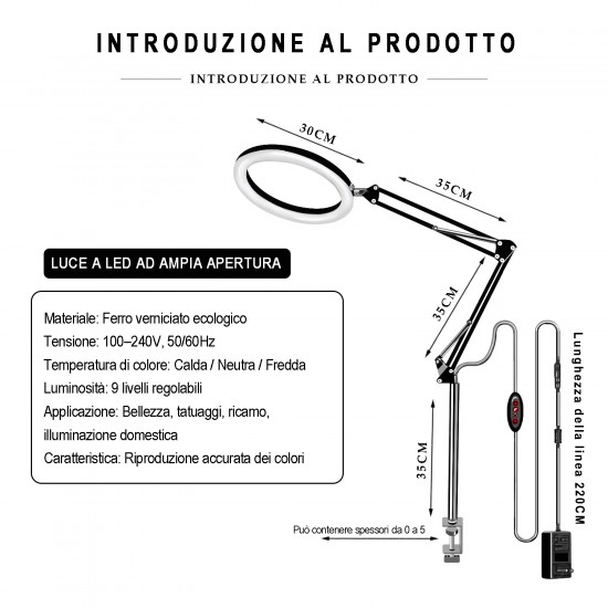 Lampada con Lente d’Ingrandimento per Tatuaggi con Vassoio – Supporto Regolabile Professionale