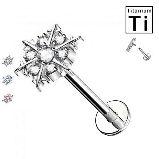 PWC-045 Piercing Labret in Titanio con Cristallo a Forma di Neve e con Filettatura Interna PWC-045 Piercing Labret in Titanio con Cristallo a Forma di Neve e con Filettatura Interna