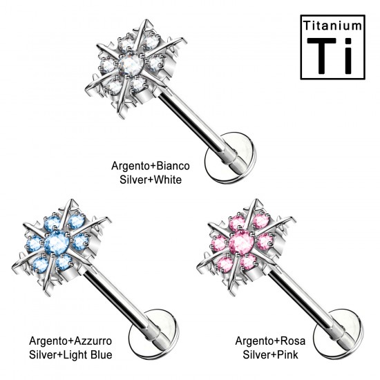 PWC-045 Piercing Labret in Titanio con Cristallo a Forma di Neve e con Filettatura Interna PWC-045 Piercing Labret in Titanio con Cristallo a Forma di Neve e con Filettatura Interna