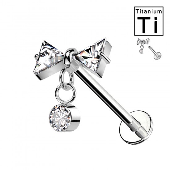 Piercing Labret in Titanio con Cristallo a Forma di Fiocco e con Pendente e con Filettatura Interna Piercing Labret in Titanio con Cristallo a Forma di Fiocco e con Pendente e con Filettatura Interna