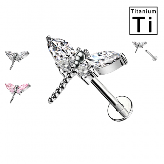 PWC-169 Piercing Labret in Titanio a Forma di Libellula con Cristalli con Filettatura Interna PWC-169 Piercing Labret in Titanio a Forma di Libellula con Cristalli con Filettatura Interna