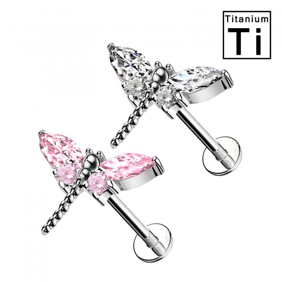 PWC-169 Piercing Labret in Titanio a Forma di Libellula con Cristalli con Filettatura Interna PWC-169 Piercing Labret in Titanio a Forma di Libellula con Cristalli con Filettatura Interna