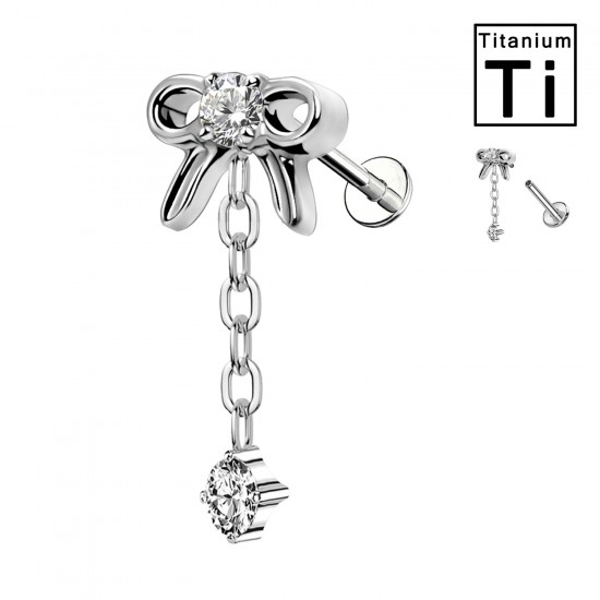 Piercing Labret in Titanio con Cristallo a Forma di Fiocco e con Pendente e con Filettatura Interna Piercing Labret in Titanio con Cristallo a Forma di Fiocco e con Pendente e con Filettatura Interna
