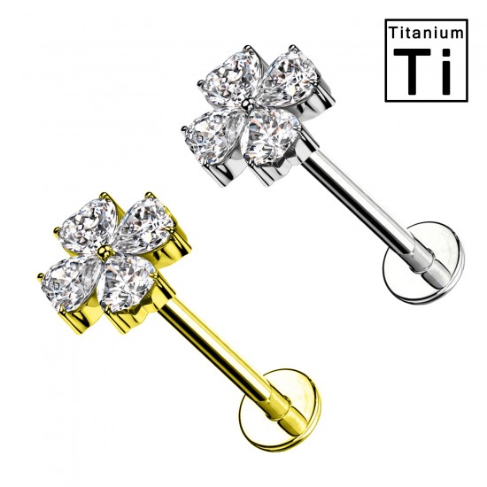 PWC-200 Piercing Labret in Titanio a Forma di Quadrifoglio con Cristalli e con Filettatura Interna