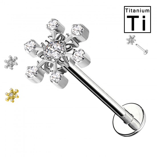PWC-203 Piercing Labret in Titanio a Forma di Neve  con Cristalli e con Filettatura Interna