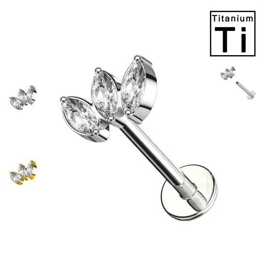 Piercing Labret in Titanio con 3 Cristalli a Foglia-Filetto Interno