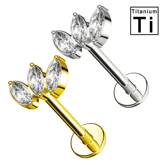 Piercing Labret in Titanio con 3 Cristalli a Foglia-Filetto Interno