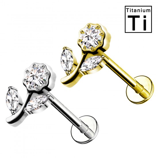 PWC-211 Piercing Labret in Titanio con Cristalli a Forma di Fiore e Foglia  e con Filettatura Interna