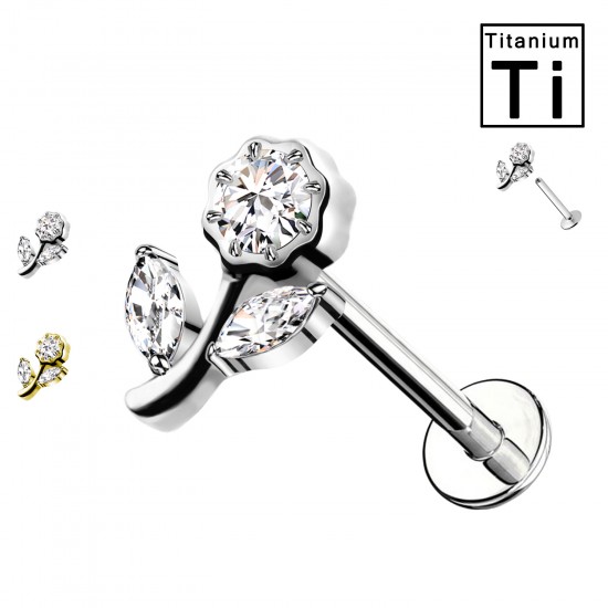 PWC-211 Piercing Labret in Titanio con Cristalli a Forma di Fiore e Foglia  e con Filettatura Interna