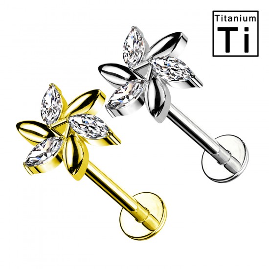 PWC-213 Piercing Labret in Titanio a Forma di Fiore con Cristalli e con Filettatura Interna