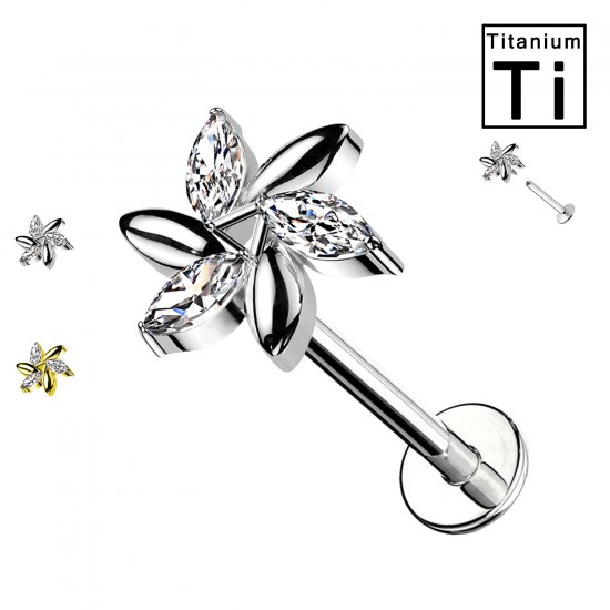 PWC-213 Piercing Labret in Titanio a Forma di Fiore con Cristalli e con Filettatura Interna