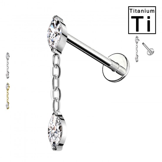 PWC-215 Piercing Labret in Titanio con cristallo a forma di marquise e catena e con Filettatura Interna