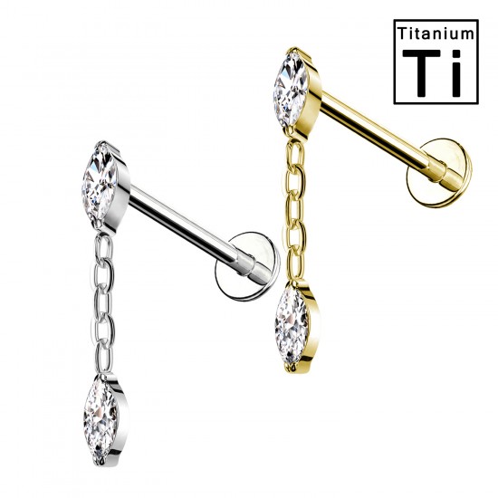 PWC-215 Piercing Labret in Titanio con cristallo a forma di marquise e catena e con Filettatura Interna