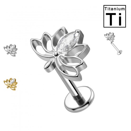 PWC-217 Piercing Labret in Titanio a Forma di Fiore di Loto con Cristalli e con Filettatura Interna