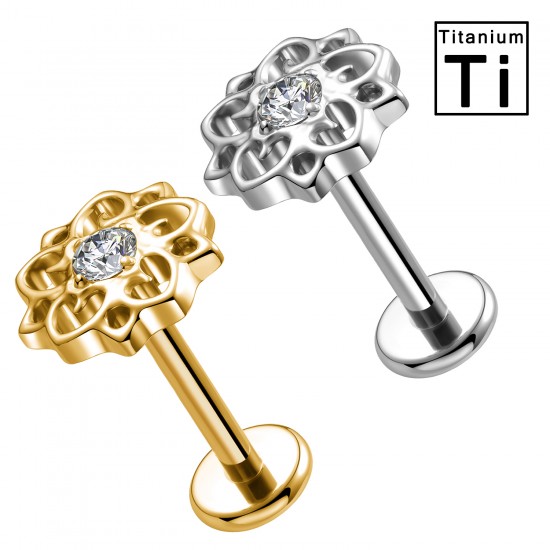 PWC-223 Piercing Labret in Titanio con Cristalli a Forma di Fiore e con Filettatura Interna