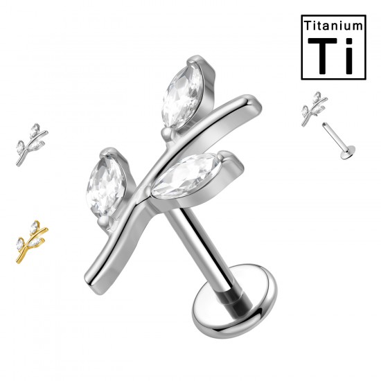 PWC-224 Piercing Labret in Titanio a Forma di Ramo con Cristalli e Filettatura Interna
