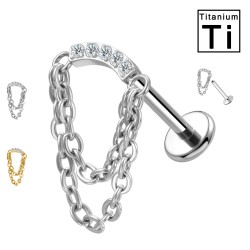 PWC-229 Piercing Labret in Titanio a Catena Doppia con Barra Curvata con Cristalli e Filettatura Interna