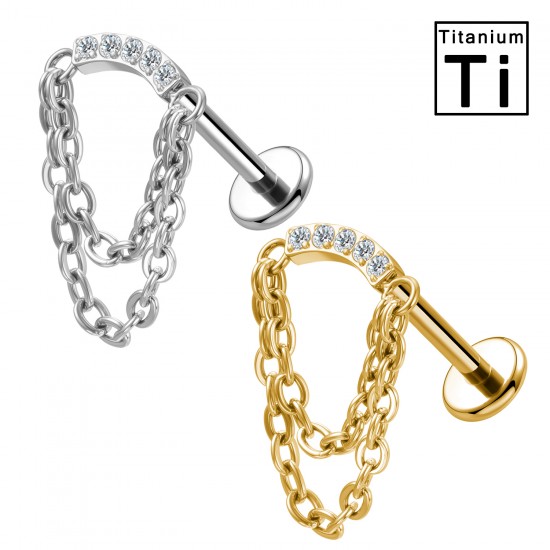 PWC-229 Piercing Labret in Titanio a Catena Doppia con Barra Curvata con Cristalli e Filettatura Interna