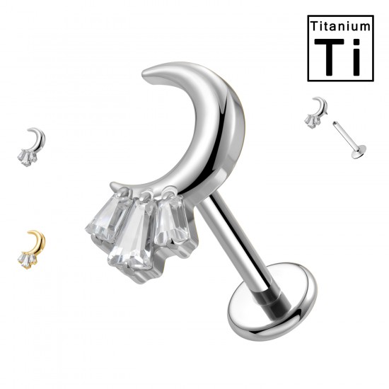 PWC-233 Piercing Labret in Titanio con Luna e 3 Cristalli Rettangolari e con Filettatura Interna