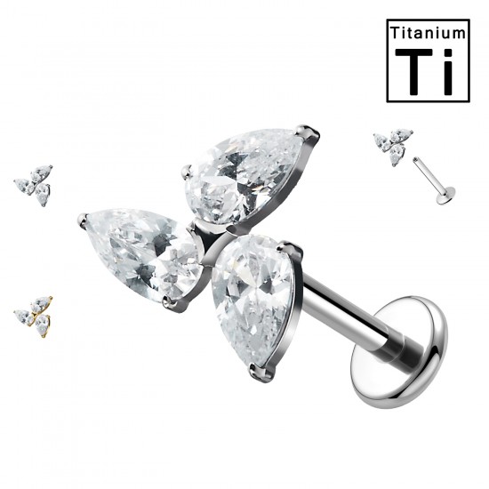 PWC-247 Piercing Labret in Titanio con Fiore a Tre Petali di Cristalli a Goccia Filettatura Interna