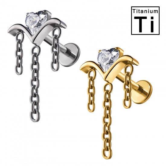 PWC-250 Piercing Labret in Titanio a Cuore con Cristallo e Catena PWC-250 Piercing Labret in Titanio a Cuore con Cristallo e Catena