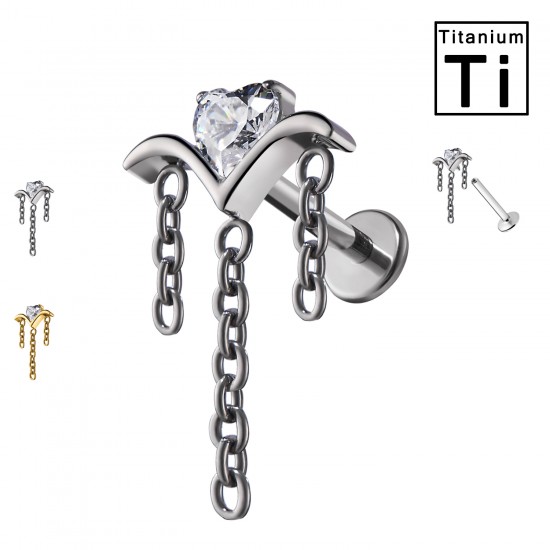 PWC-250 Piercing Labret in Titanio a Cuore con Cristallo e Catena PWC-250 Piercing Labret in Titanio a Cuore con Cristallo e Catena