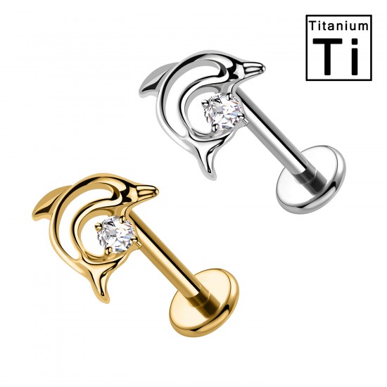 PWC-281 Piercing Labret in Titanio con Cristallo a Forma di Delfino