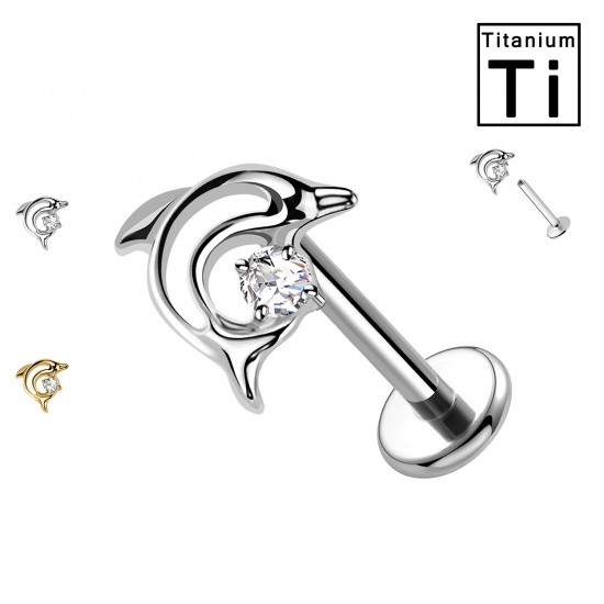 PWC-281 Piercing Labret in Titanio con Cristallo a Forma di Delfino