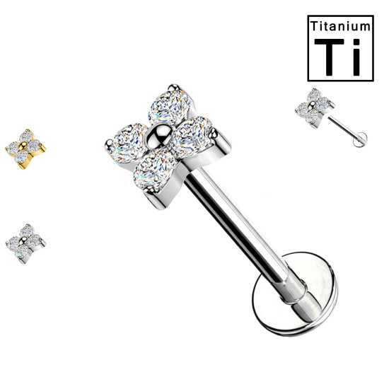 Piercing Labret con Fiore a Quattro Cristalli in Titanio