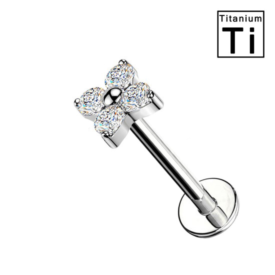 Piercing Labret con Fiore a Quattro Cristalli in Titanio