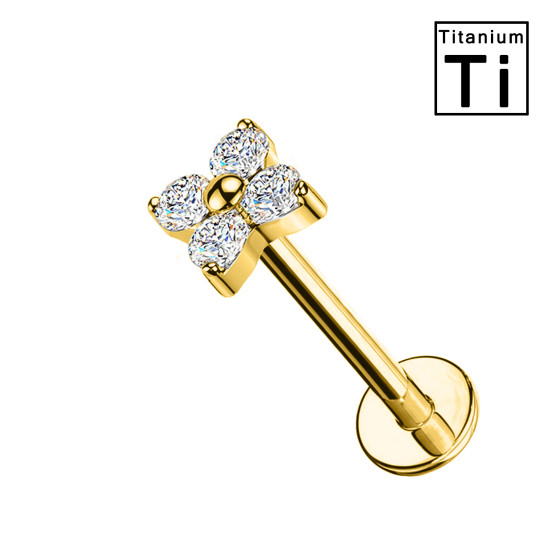Piercing Labret con Fiore a Quattro Cristalli in Titanio