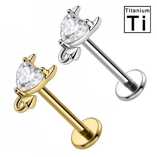 Piercing Labret in Titanio con Cristallo a Cuore e Motivo a Gatto
