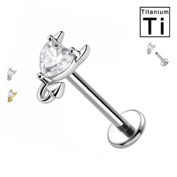 Piercing Labret in Titanio con Cristallo a Cuore e Motivo a Gatto