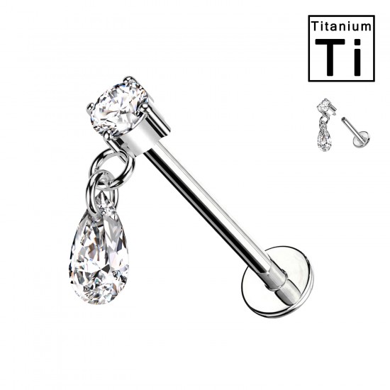 Piercing Labret in Titanio con Pendente a Forma di Goccia e Cristallo a Pera e con Filettatura Interna