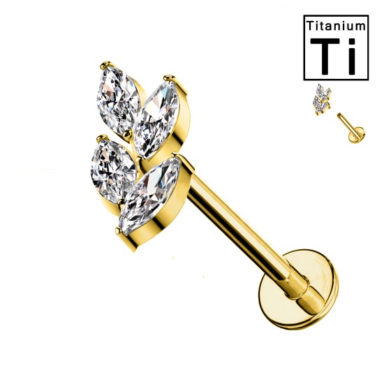 Piercing Labret in Titanio con Cristalli a Forma di Foglia e con Filettatura Interna Piercing Labret in Titanio con Cristalli a Forma di Foglia e con Filettatura Interna