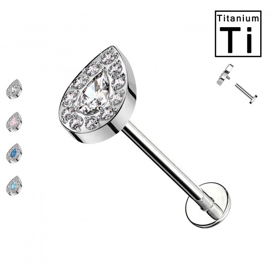 PWC-052 Piercing Labret in Titanio con Cristalli a Forma di Goccia e con Filettatura Interna PWC-052 Piercing Labret in Titanio con Cristalli a Forma di Goccia e con Filettatura Interna