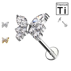 Piercing Labret in Titanio a forma di farfalla con cristalli  e con Filettatura Interna 