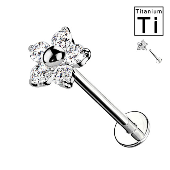 Piercing Labret in Titanio con Cristalli Luminosi e Sfera Centrale e push-in