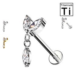 Piercing Labret in Titanio a forma di foglie con pendente e cristalli bianchi e con Filettatura Interna Piercing Labret in Titanio a forma di foglie con pendente e cristalli bianchi e con Filettatura Interna