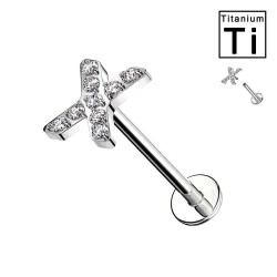 Piercing Labret in Titanio con Pendenti a Forma di 'X' con Cristalli e con Filettatura Interna Piercing Labret in Titanio con Pendenti a Forma di 'X' con Cristalli e con Filettatura Interna