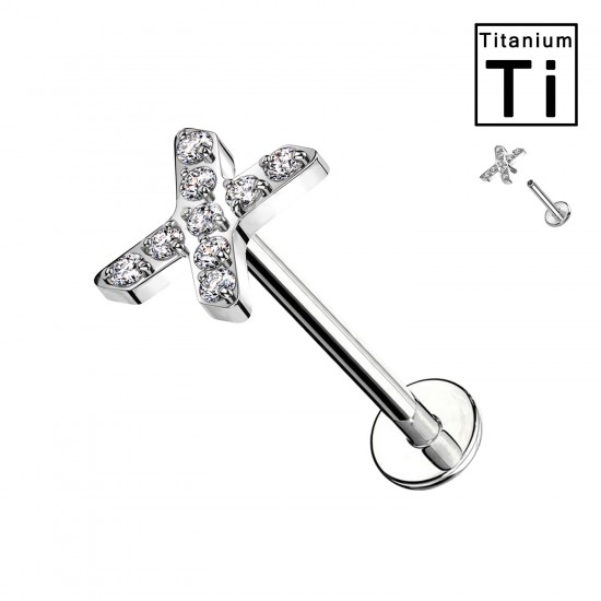 Piercing Labret in Titanio con Pendenti a Forma di 'X' con Cristalli e con Filettatura Interna