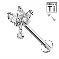 Titanium Labret Piercing with Clover-Shaped Crystal and Internal Threading