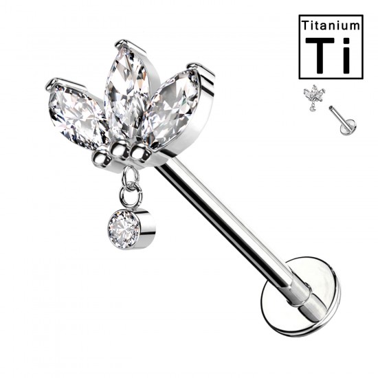 Titanium Labret Piercing with Clover-Shaped Crystal and Internal Threading