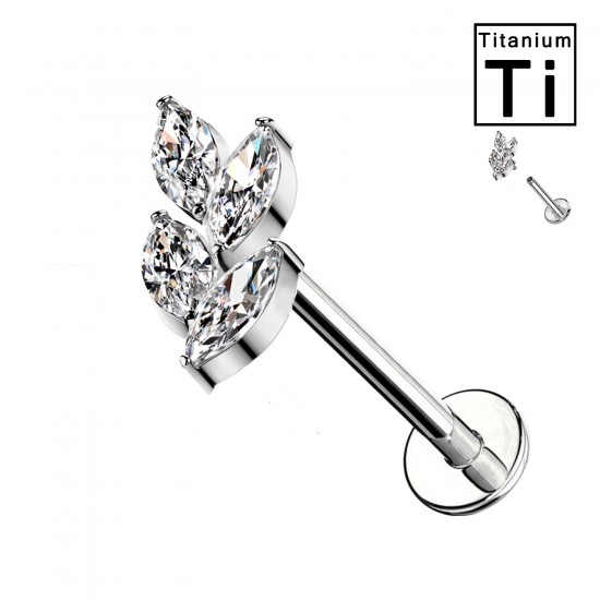Piercing Labret in Titanio con Cristalli a Forma di Foglia e con Filettatura Interna Piercing Labret in Titanio con Cristalli a Forma di Foglia e con Filettatura Interna