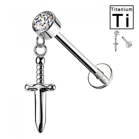 Piercing al labret in titanio con pendente a spada e filettatura interna