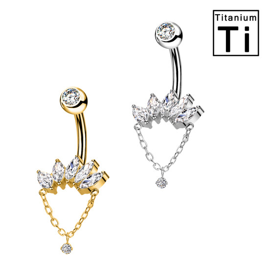 PWD-032 Piercing Banana Ombelico in Titanio con Cristalli e Catena Pendente
