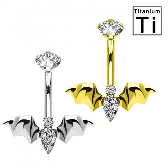 PWD-037 Piercing Banana Ombelico in Titanio con Cristallo a Forma di Bat