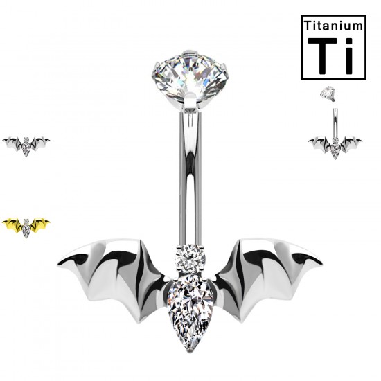 PWD-037 Piercing Banana Ombelico in Titanio con Cristallo a Forma di Bat