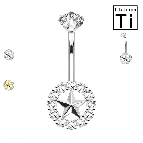 PWD-040 Piercing de ombligo de titanio con forma de banana, cristales y estrella