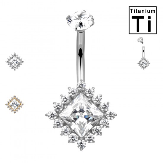 PWD-043 Piercing de ombligo de titanio con forma de plátano, cristales y piedra cuadrada natural
